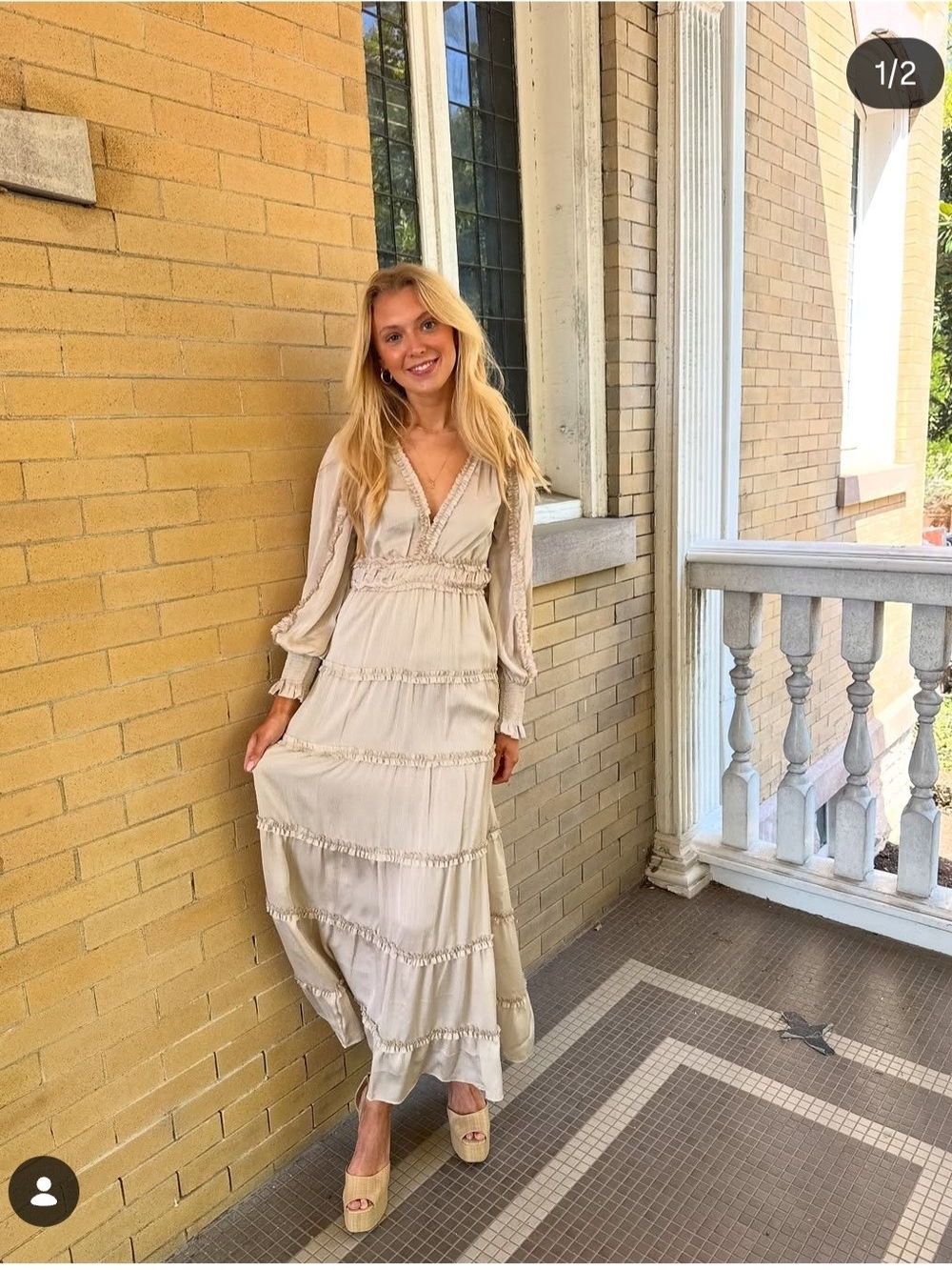 Chelsea & Violet Champagne Tiered V-Neck Maxi Dress Boho Cottagecore. Sz M